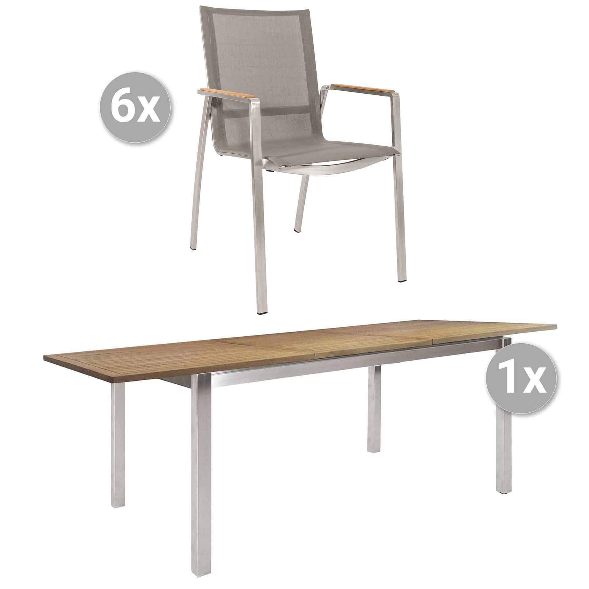 Set Kreta 200/257x100cm Edelstahl/Teak + 6 Monaco Stapelsessel taupe, Armlehnen Teak