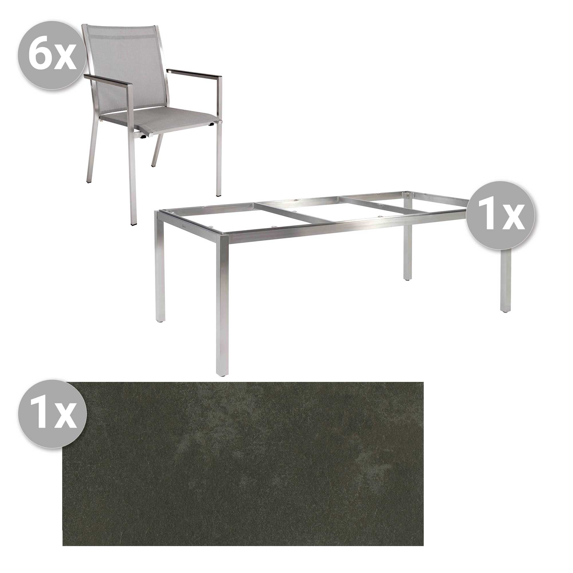 Set Muri 220x100cm Edelstahl/HPL granit dunkelgrau + Rome Stapelsessel silber