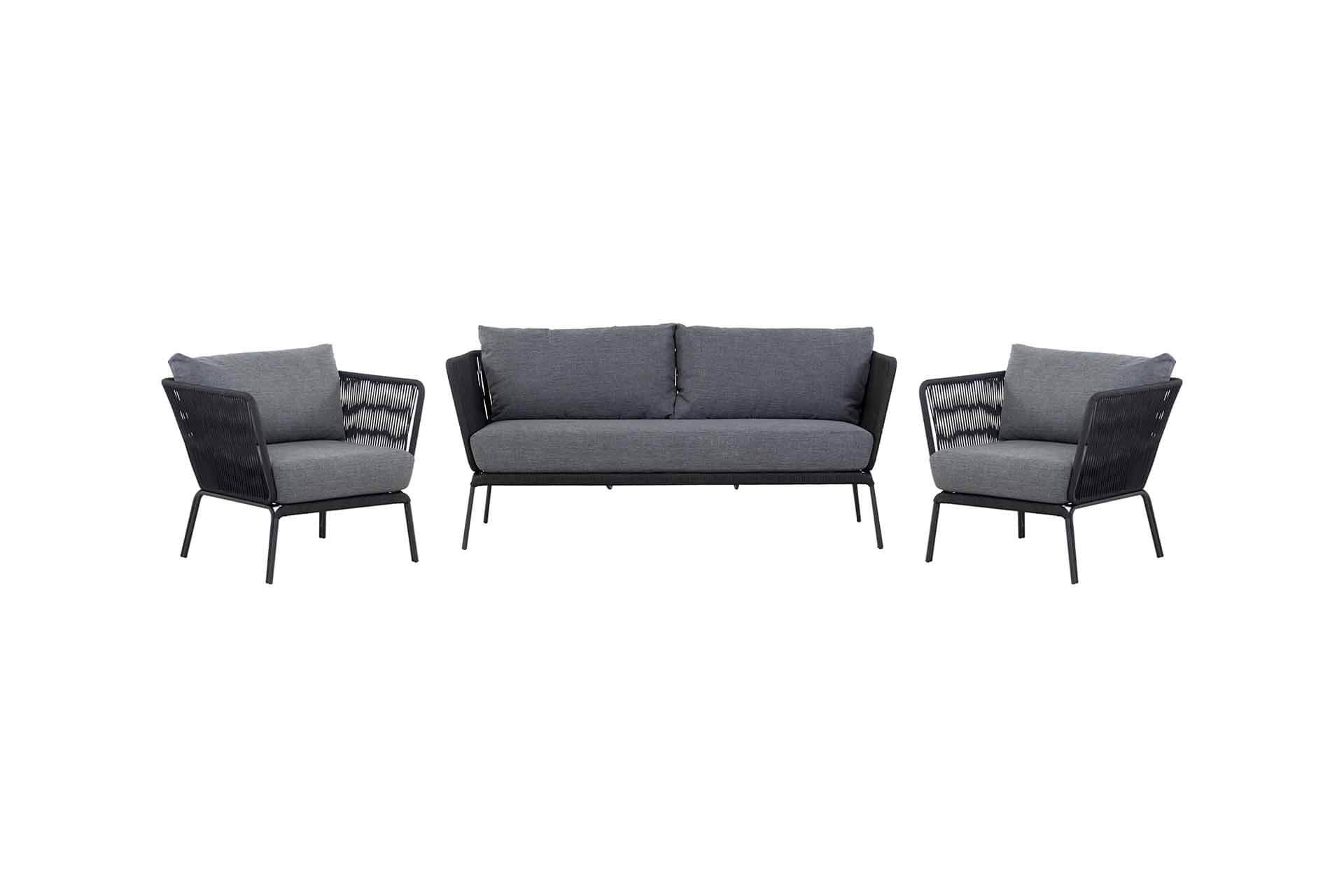 Bali Lounge Set, 2 x Sessel, 1 x Sofa, schwarz/Kissen dunkelgrau
