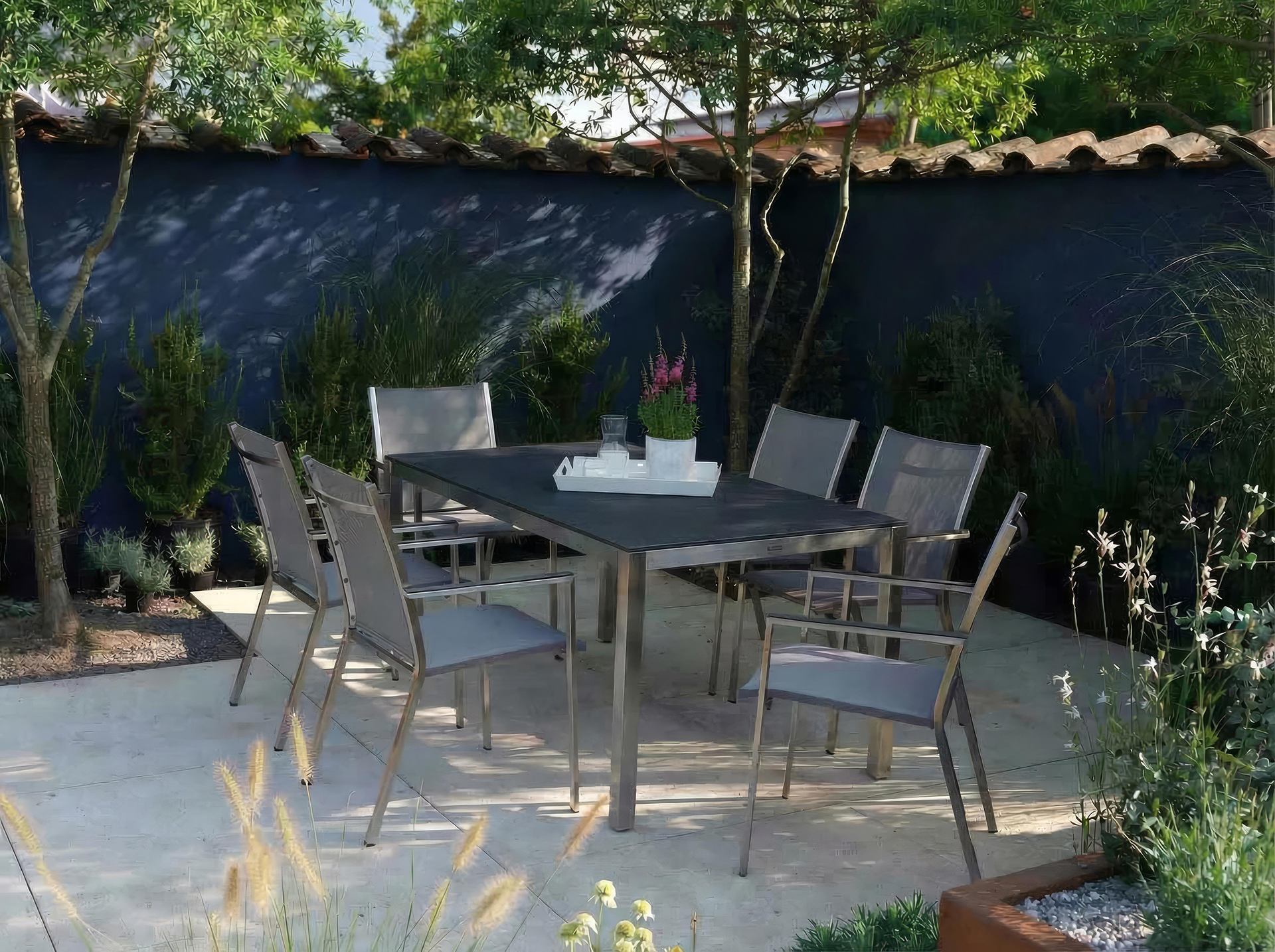 Set Muri 160x90cm Edelstahl/Glas dunkelgrau + 6 Rome Stapelsessel silber