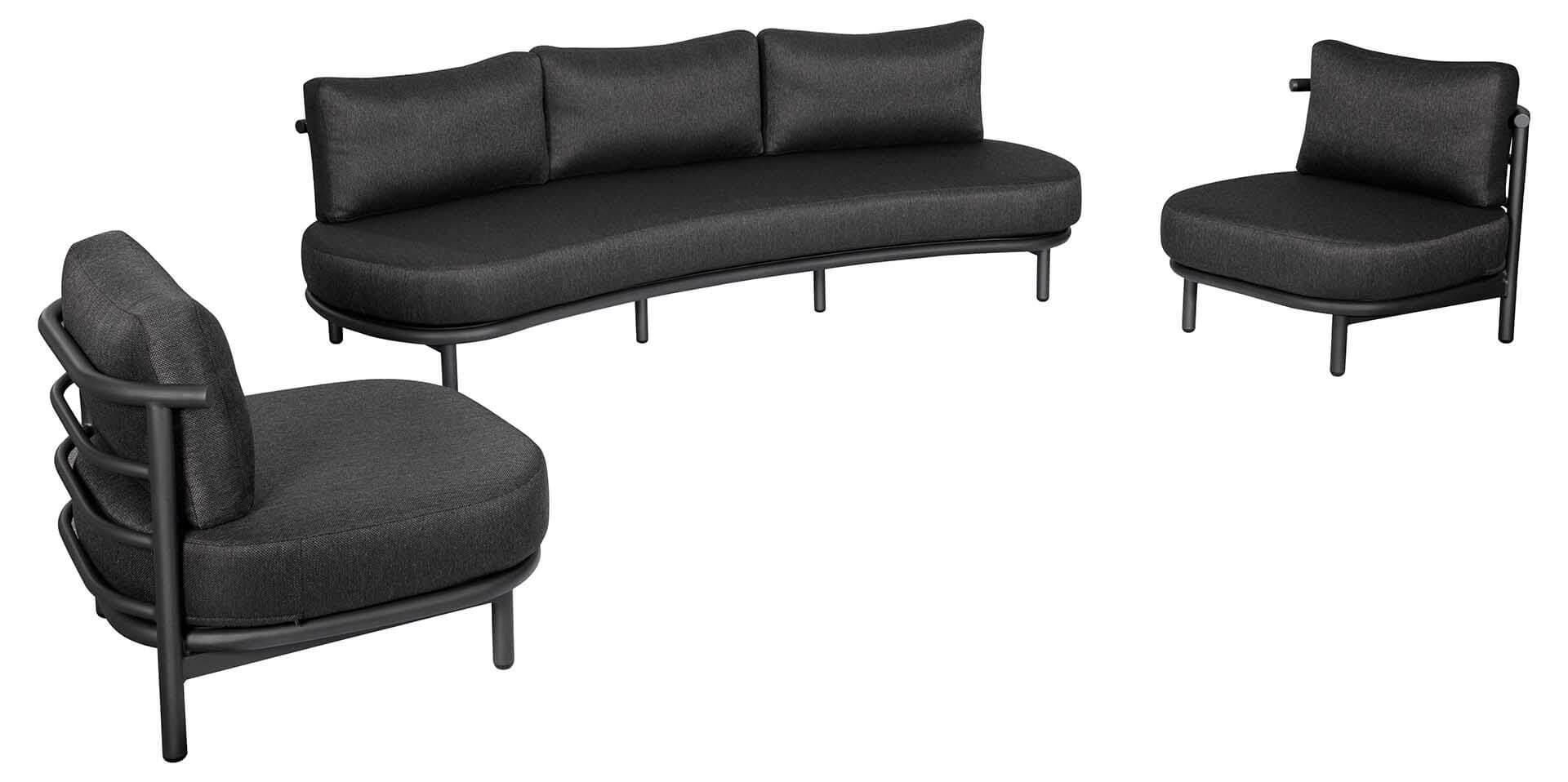 Organo Lounge-Set, 1x 3-Sitzer + 2x 1-Sitzer, Aluminium eisengrau, Kissen dunkelgrau