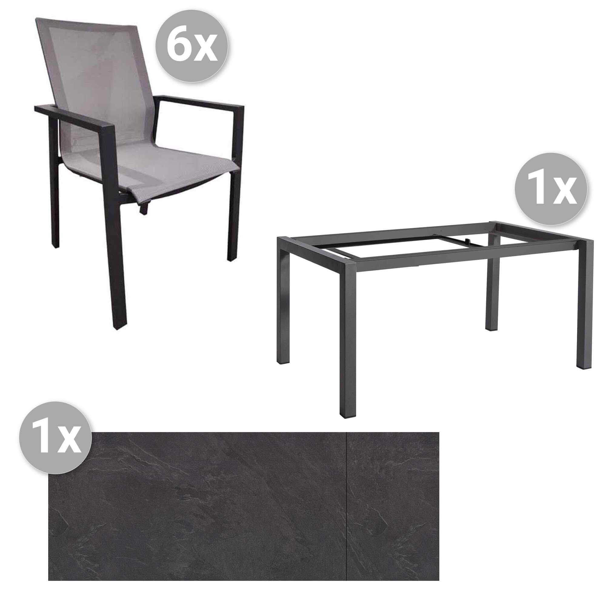 Set Forli 160/220x90cm grau/HPL carbon grau + 6 Beja Stapelsessel