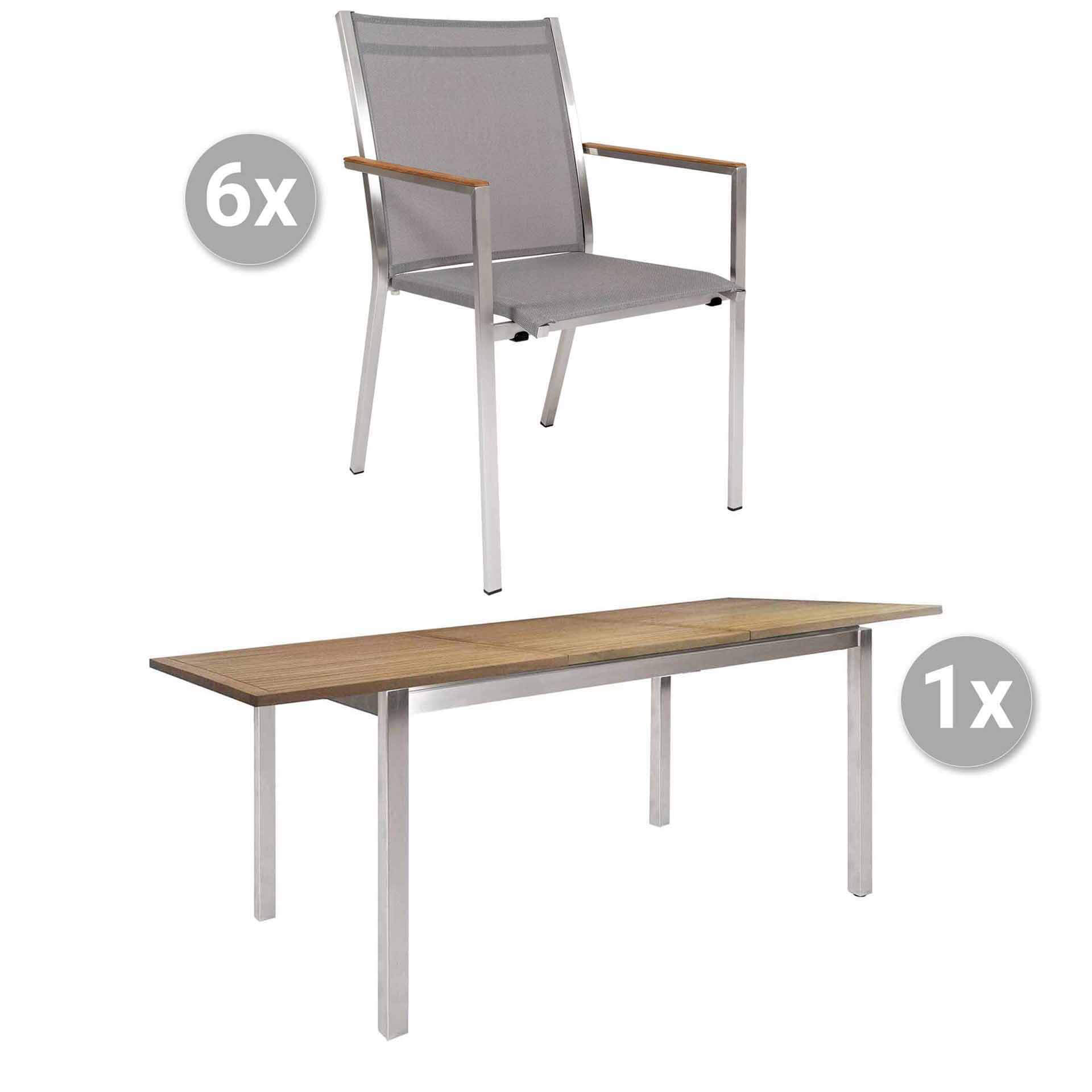 Set Kreta 150/207x90cm Edelstahl/Teak + 6 Rome silber, Armlehnen Teak