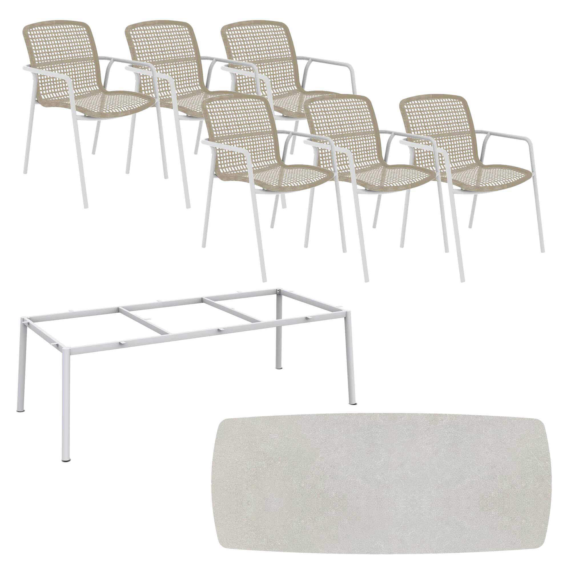 Set Durham 240x100cm weiß/HPL sand + 6 Durham Stapelsessel