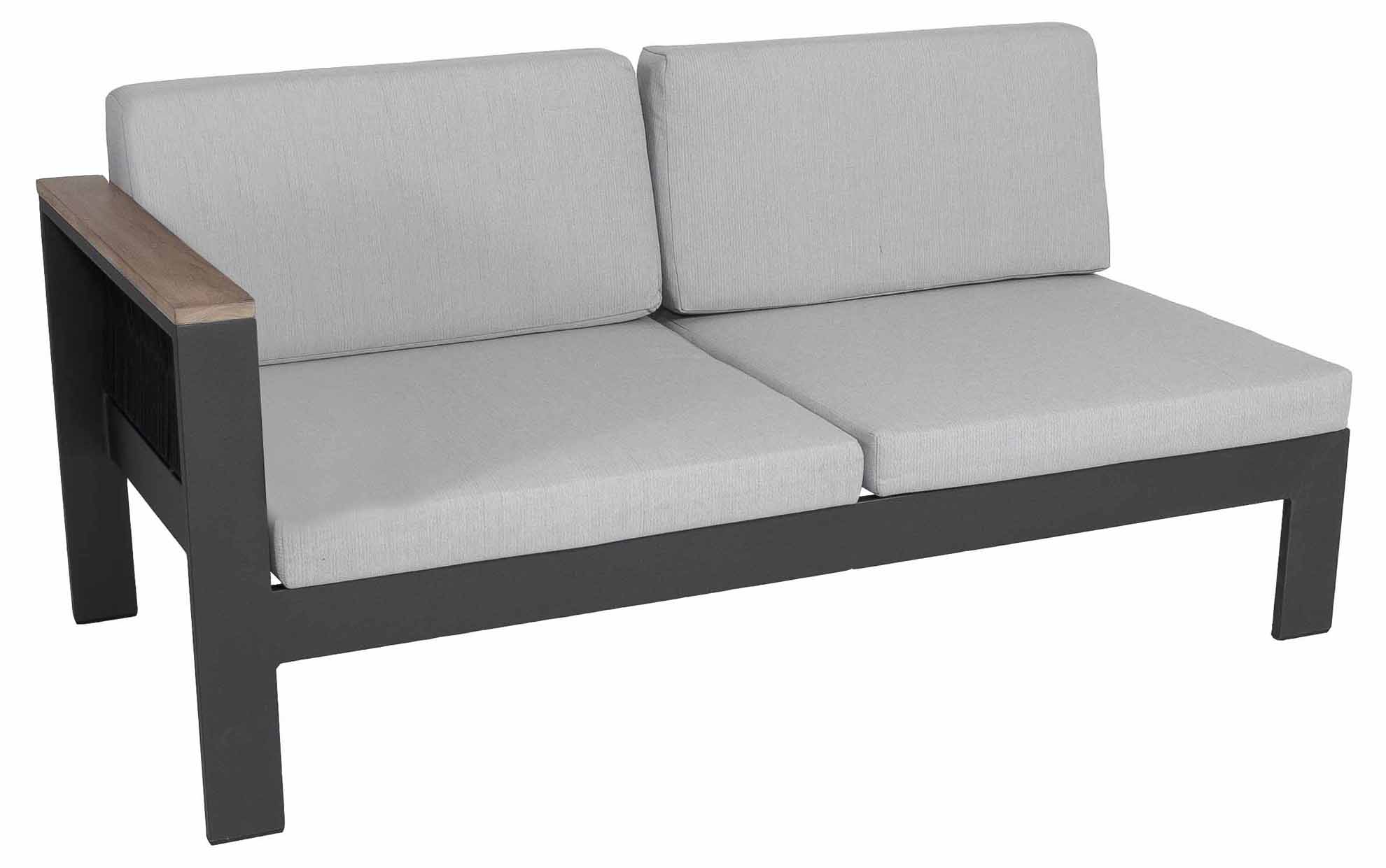 Purton 2-Sitzer Lounge Seitenteil rechts, grau/schwarz, Armlehne Teak, Kissen hellgrau
