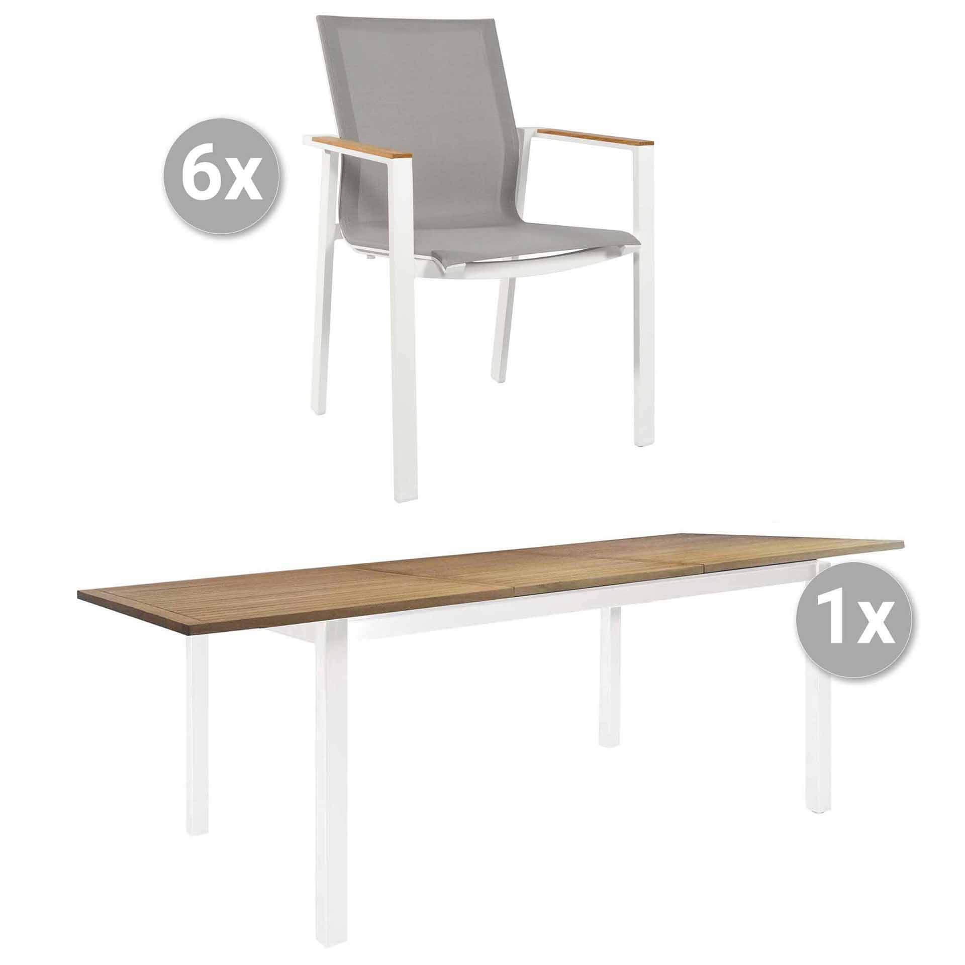 Set Kreta 200/257x100cm weiß/Teak + 6 Beja Stapelsessel, Armlehnen Teak