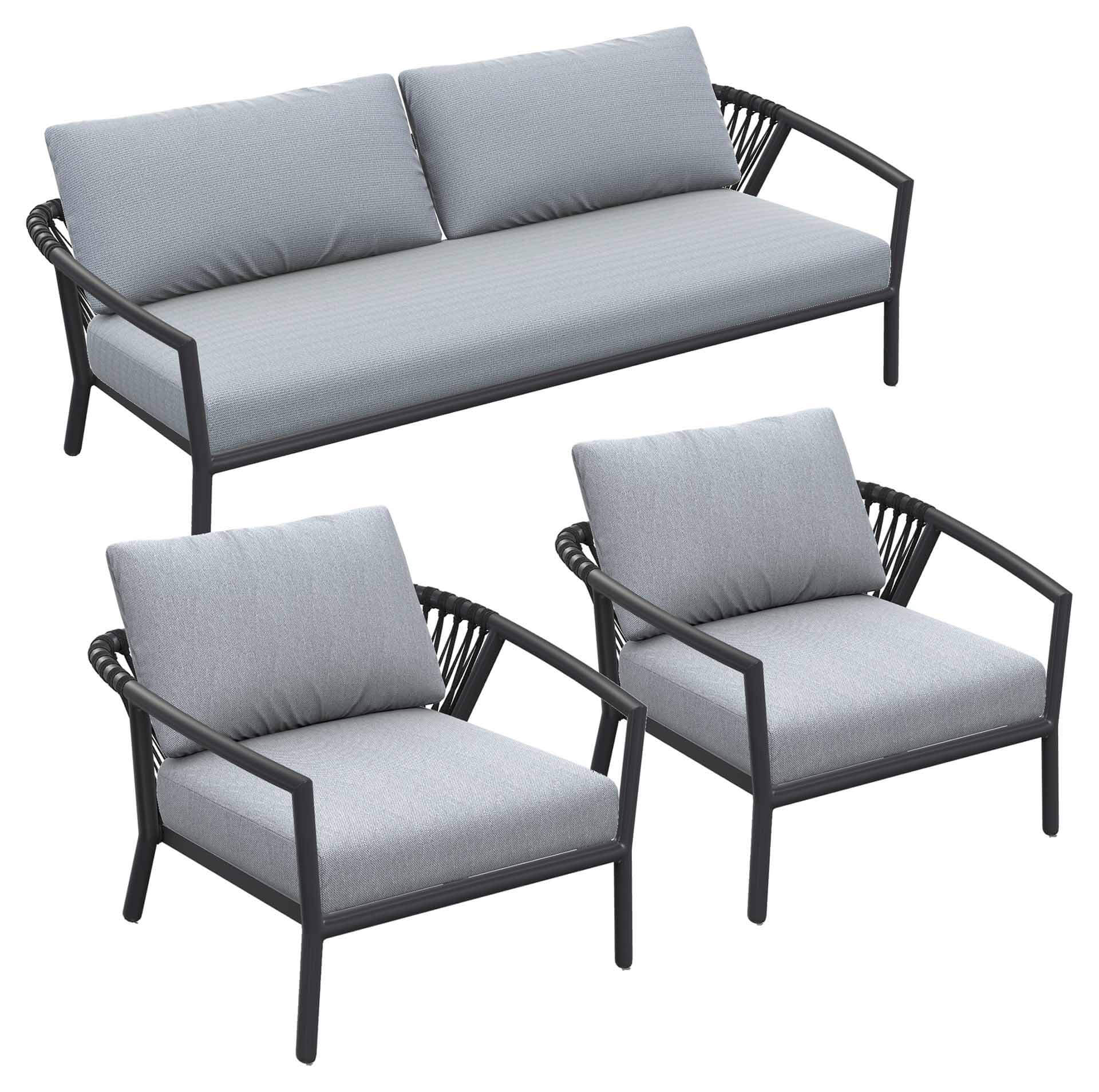 Kapra Lounge-Set eisengrau, 2 Sessel, 2,5er Sofa und Polster hellgrau