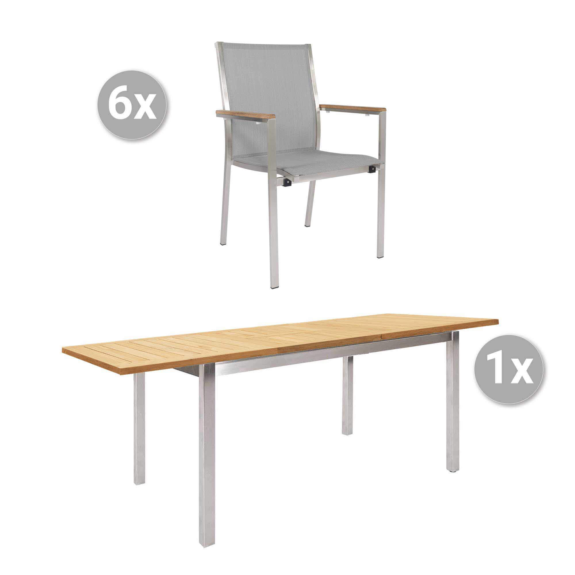 Set Mallorca 150/207x100cm Edelstahl/Teak + 6 Monte Carlo Stapelsessel niedrig silber, Armlehnen Teak