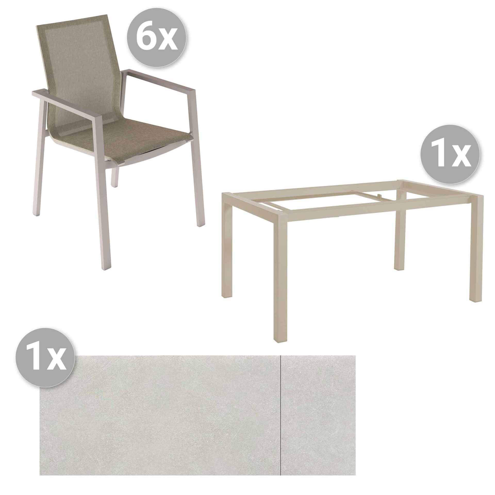 Set Forli 160/220x90cm sand/HPL sand + 6 Beja Stapelsessel