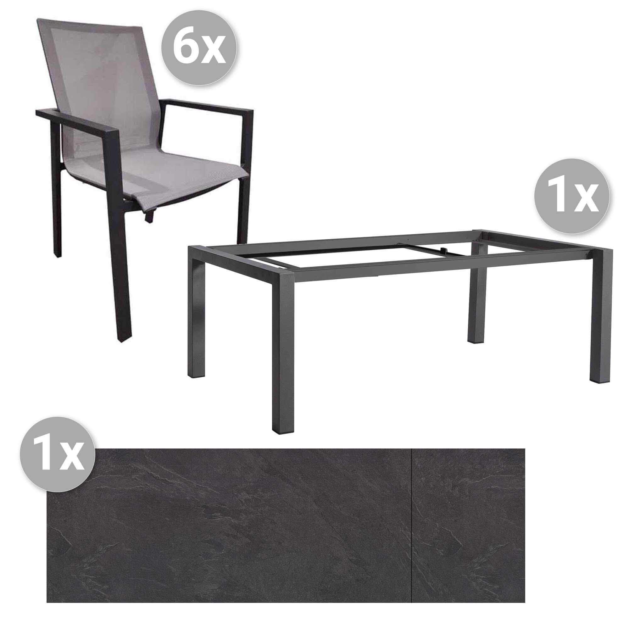 Set Forli 220/280x100cm grau/HPL carbongrau + 6 Beja Stapelsessel