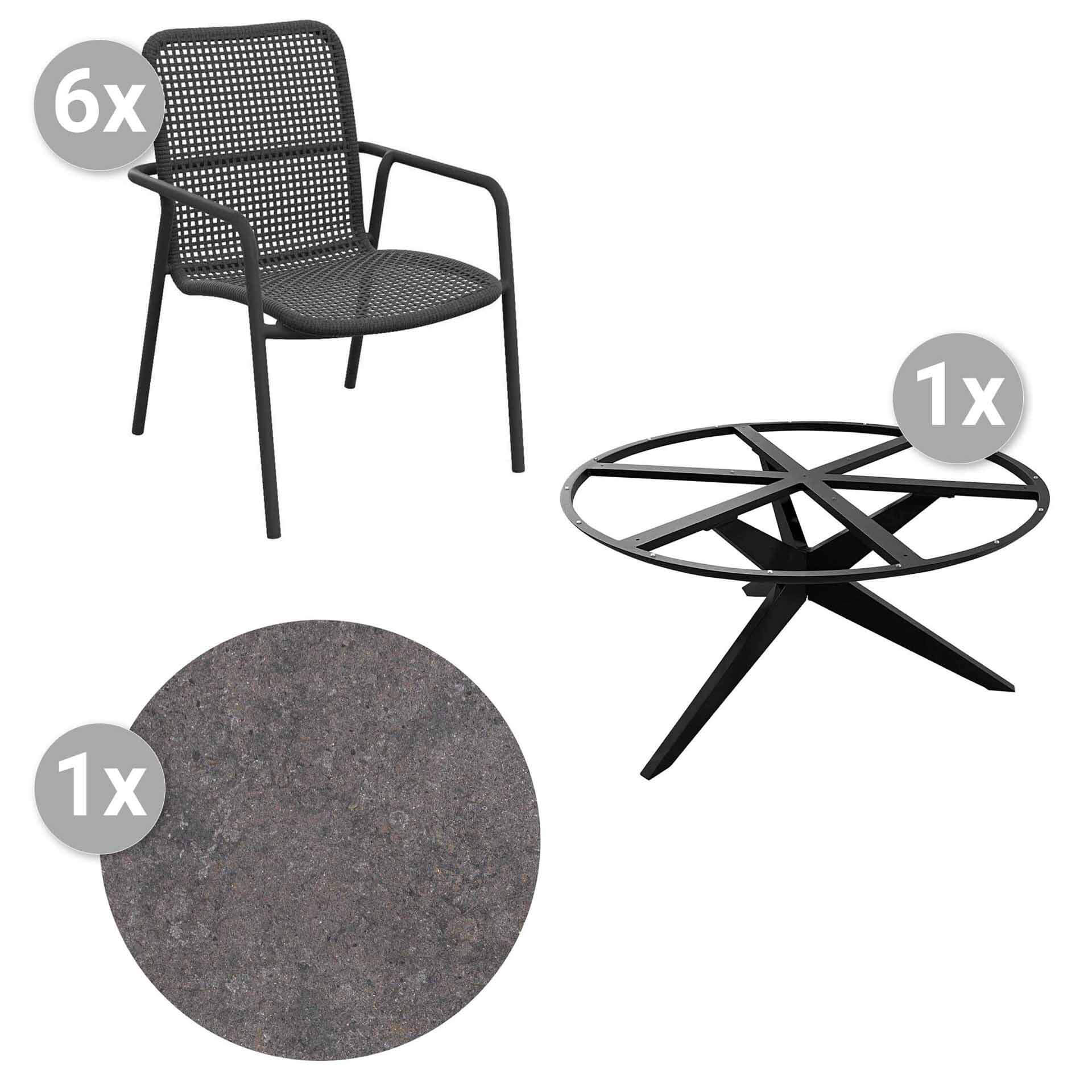 Set Yate rund 142cm grau/pietra grafite + 6 Durham Stapelsessel