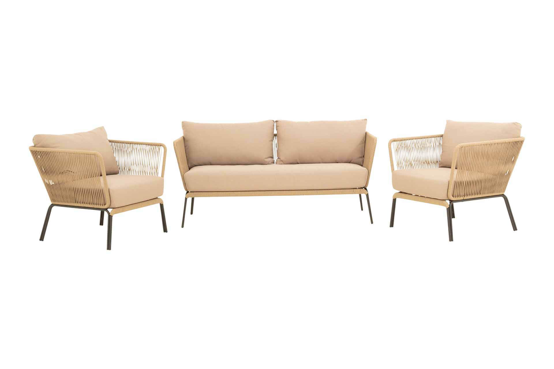 Bali Lounge Set, 2 x Sessel, 1 x Sofa, camel/Kissen camel