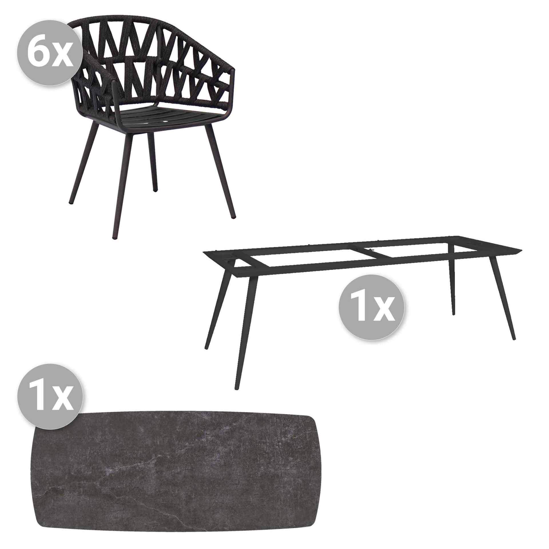 Set Amazone 240x100cm grau/laos bootsform + 6 Palm Sessel