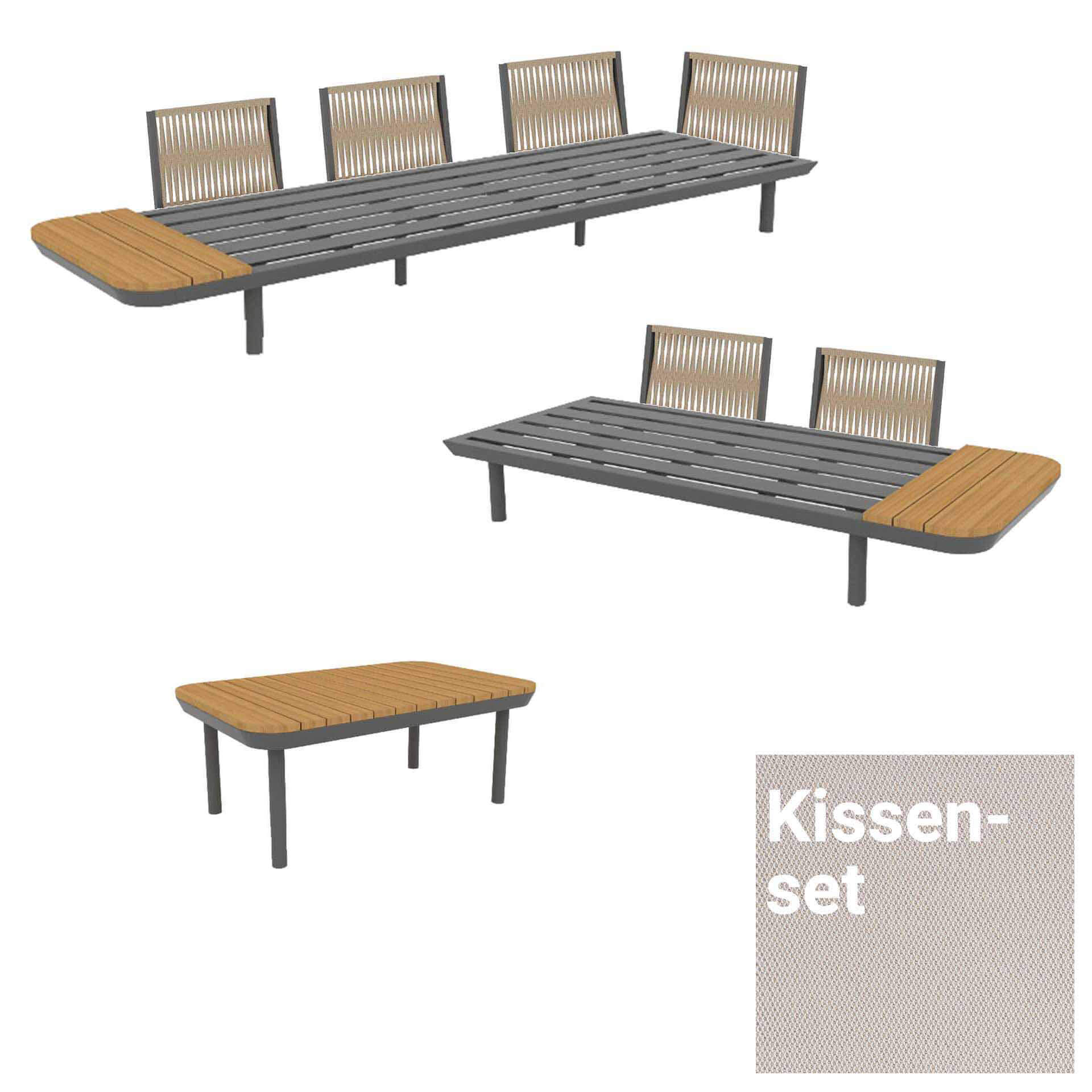 Tyler Lounge Set, 1 x 2-Sitzer und 1x 3-Sitzer Basismodul, 1 x Beistelltisch grau/Teak, Kissen Sunbrella® shingles