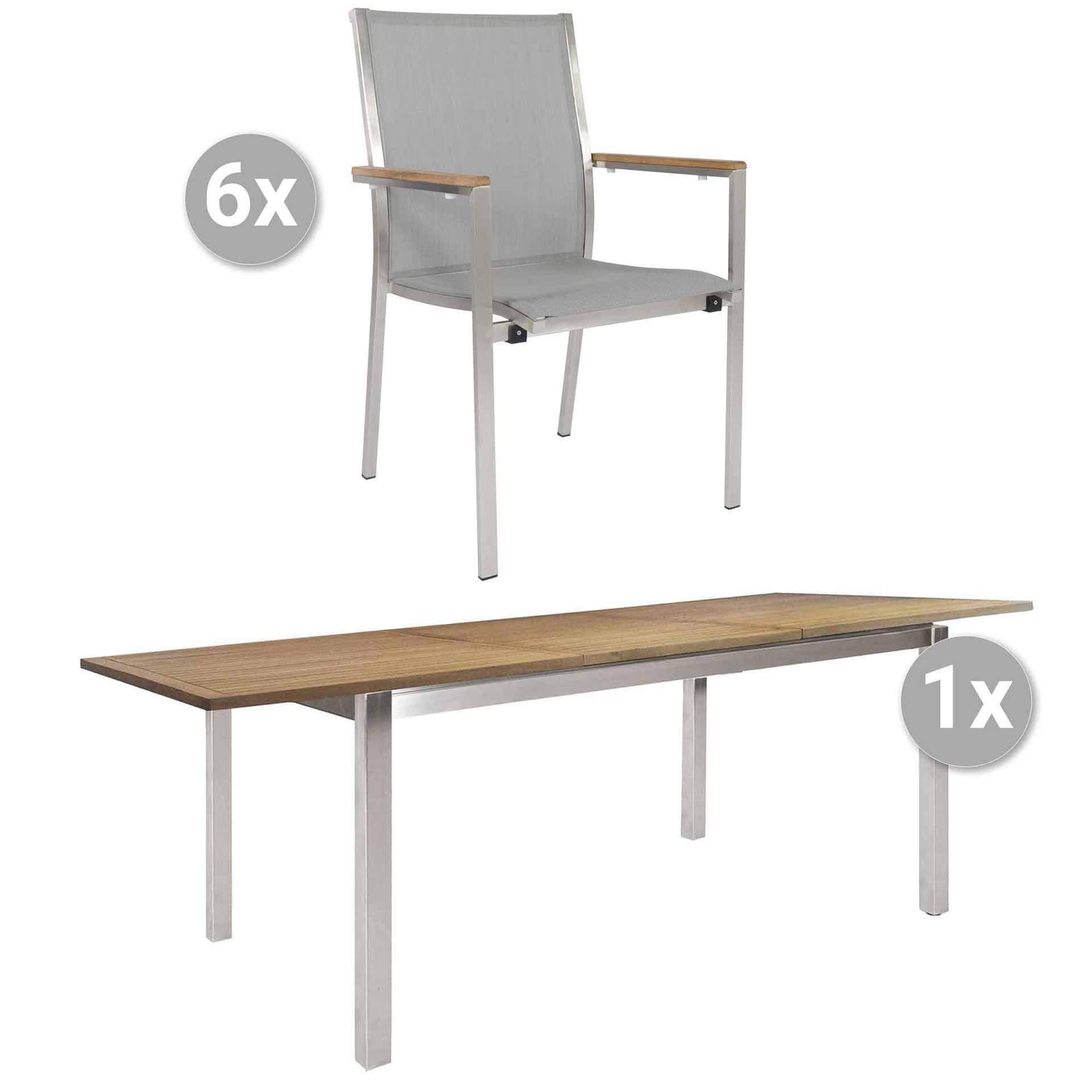 Set Kreta 200/257x100cm Edelstahl/Teak + 6 Monte Carlo silber, Armlehnen Teak