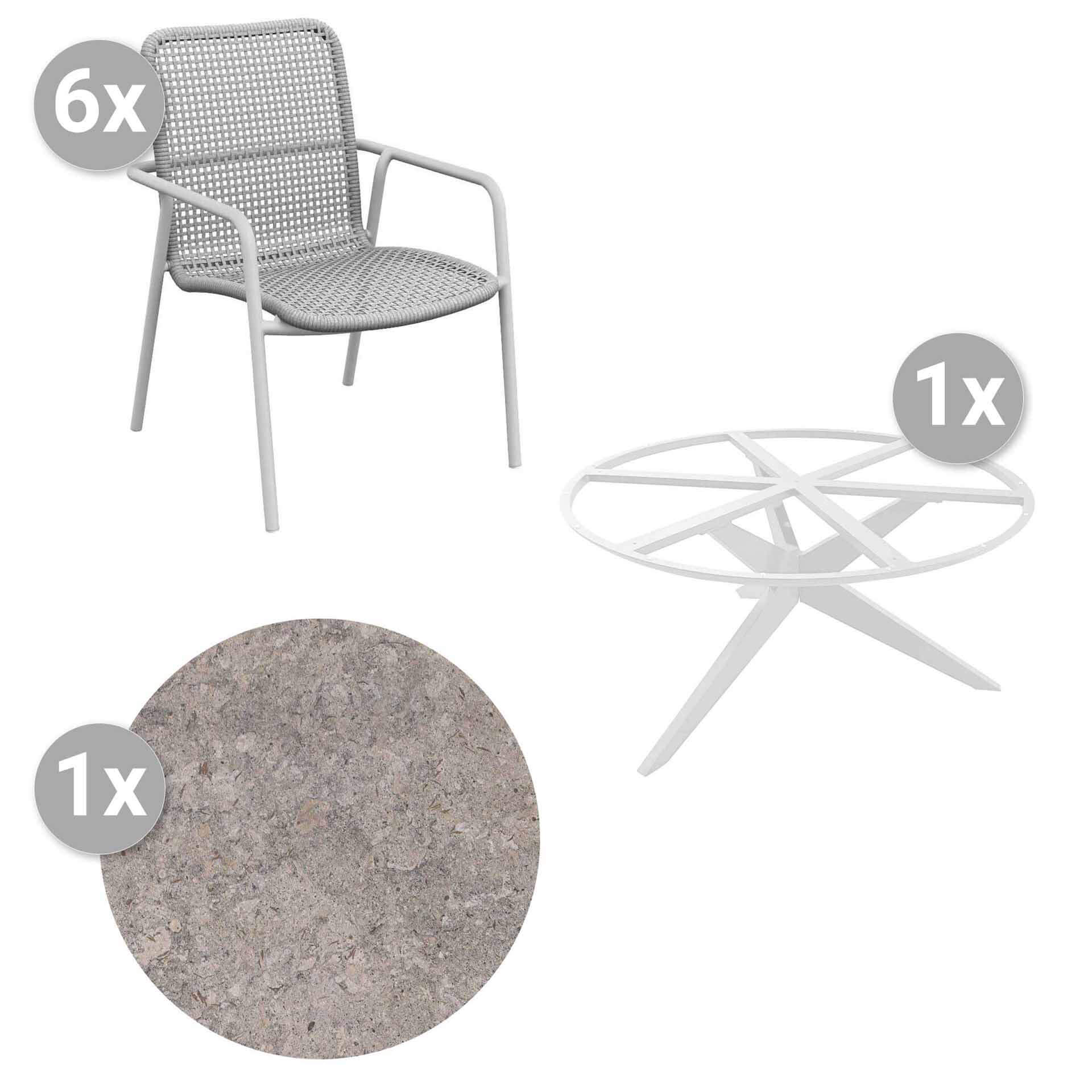 Set Yate rund 142cm weiss/pietra grigio + 6 Durham Stapelsessel