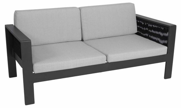 Purton 2-Sitzer Lounge Sofa, grau/schwarz straight, Armlehne Teak, Kissen hellgrau
