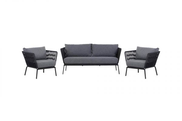 Bali Lounge Set, 2 x Sessel, 1 x Sofa, schwarz/Kissen dunkelgrau