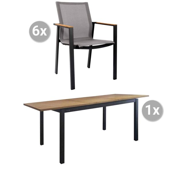 Set Kreta 150/207x90cm grau/Teak + 6 Beja Stapelsessel, Armlehnen Teak