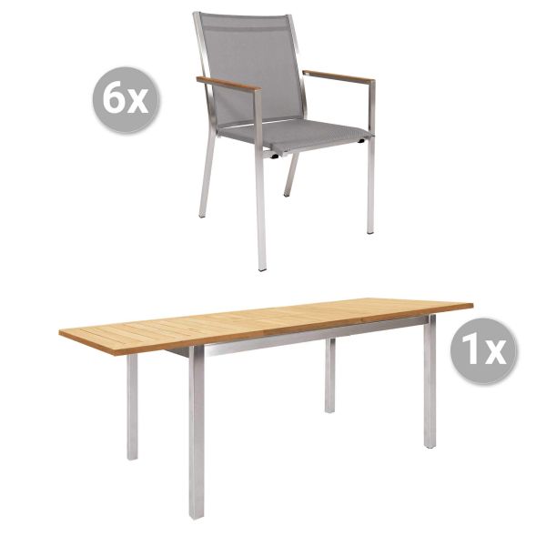 Set Mallorca 150/207x90cm Edelstahl/Teak + 6 Rome Stapelsessel silber, Armlehnen Teak