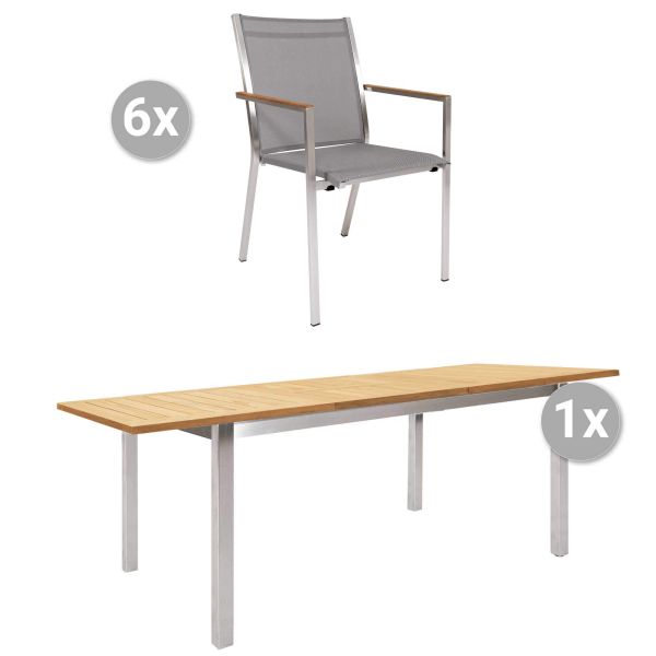 Set Mallorca 200/257x100cm Edelstahl/Teak + 6 Rome Stapelsessel silber, Armlehnen Teak