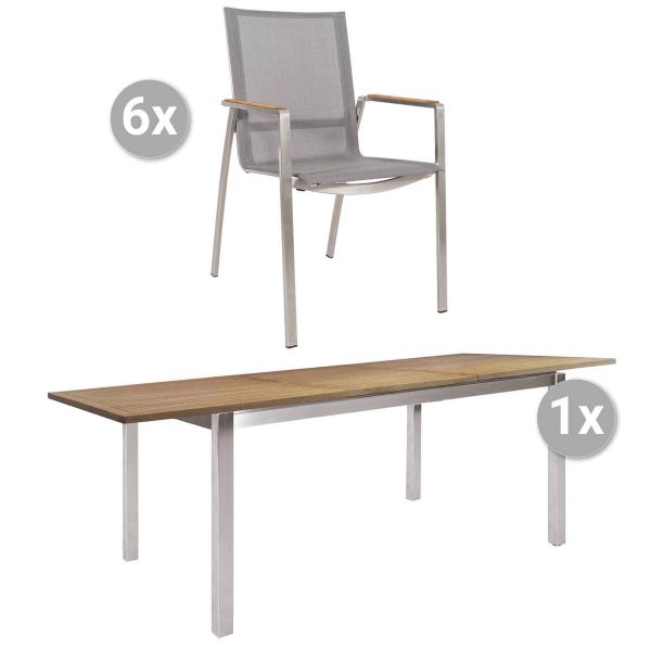 Set Kreta 200/257x100cm Edelstahl/Teak + 6 Monaco silber, Armlehnen Teak