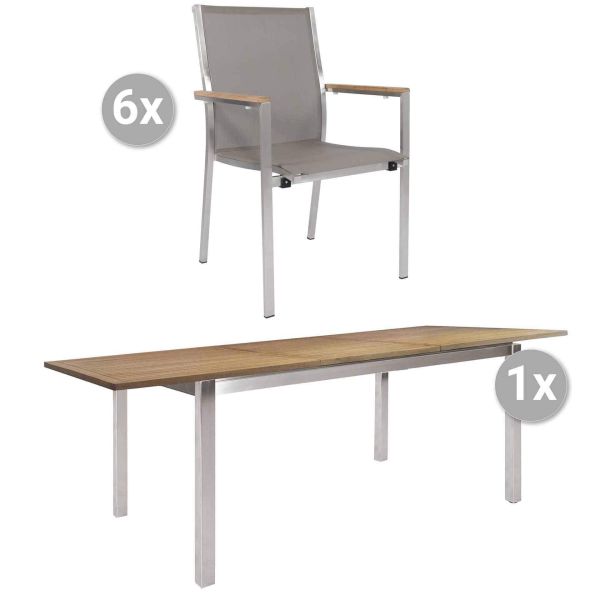 Set Kreta 200/257x100cm Edelstahl/Teak + 6 Monte Carlo taupe, Armlehnen Teak