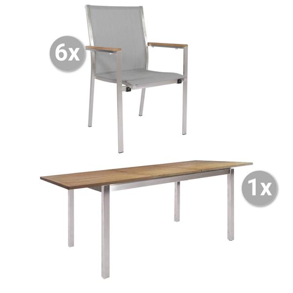 Set Kreta 150/207x90cm Edelstahl/Teak + 6 Monte Carlo silber, Armlehnen Teak