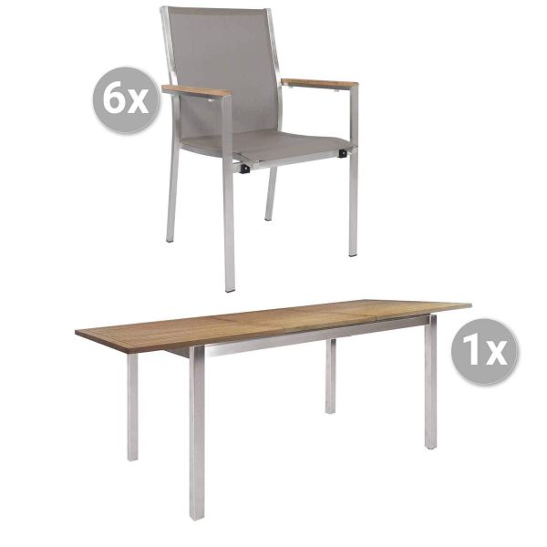 Set Kreta 150/207x90cm Edelstahl/Teak + 6 Monte Carlo taupe, Armlehnen Teak