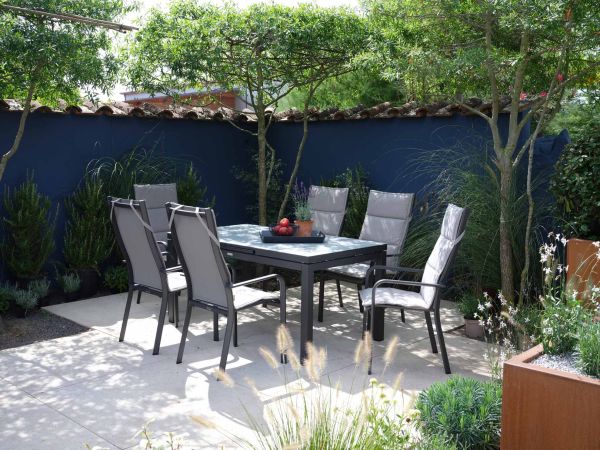 Set Gabon 160/210x90cm grau/HPL nero granite + 6 Dransy Stapelsessel hoch