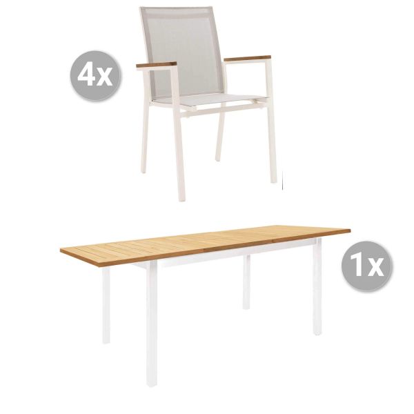 Set Mallorca 130/180x80cm weiß/Teak + 4 Rome Stapelsessel, Armlehnen Teak